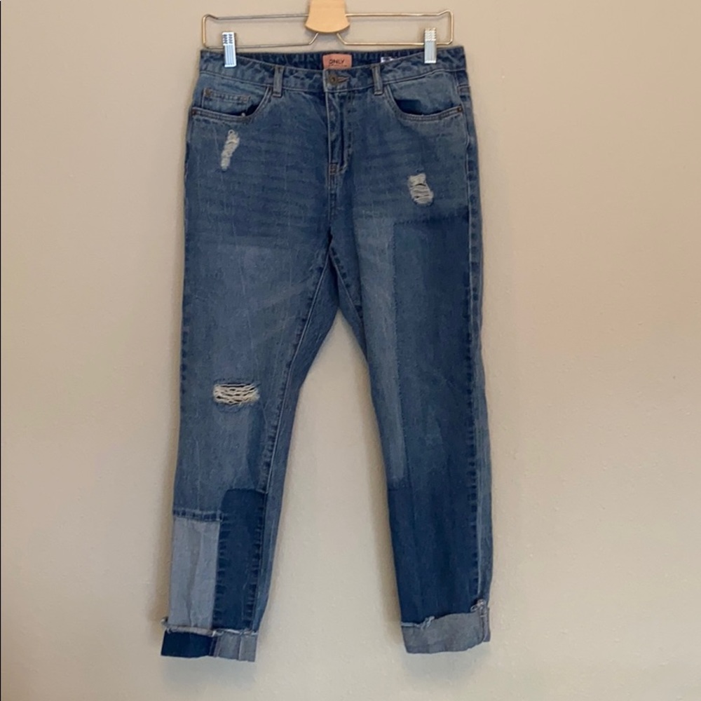 Only Blue Denim Patch Work Low Boyfriend Jeans